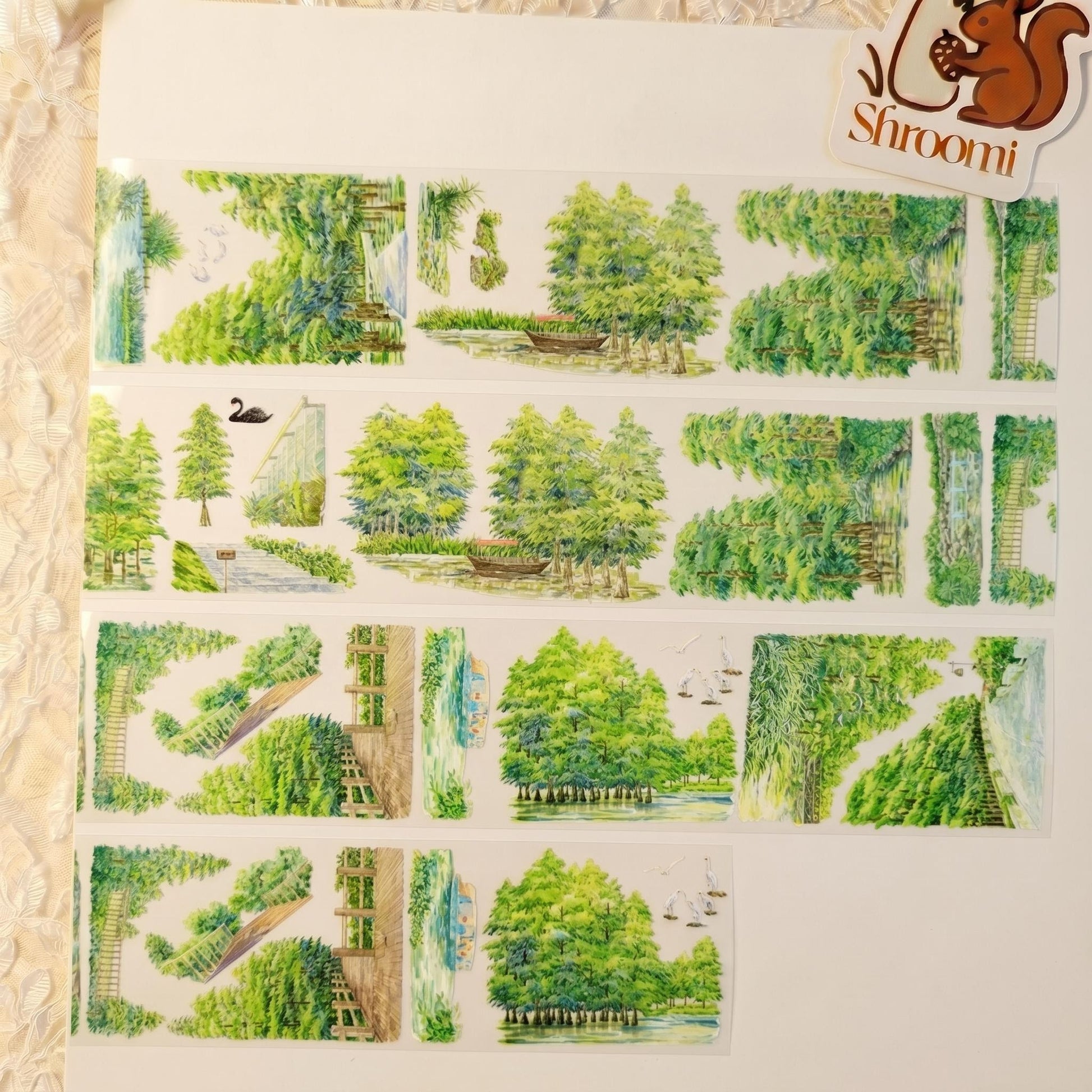 Watercolor PET tape artwork with metasequoia trees, boardwalk paths, quiet water, small boats, and forest scenery