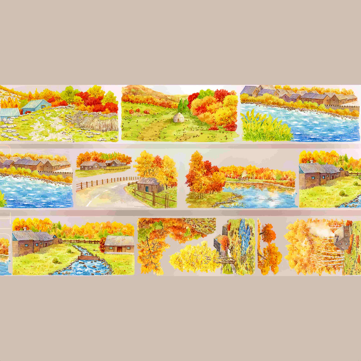 Design from the 10-piece Autumn Town & Garden Collection decorative tape, featuring an autumn townscape motif