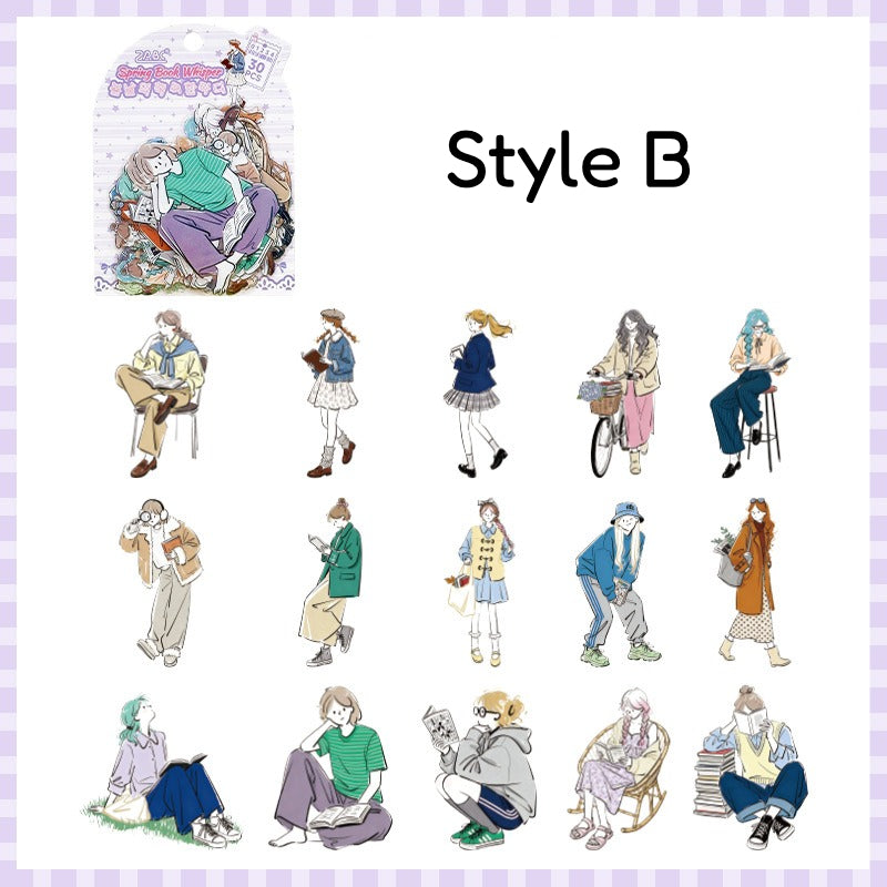 Style B soft girl fashion sticker sheet with seated figures, skirts, and relaxed outfit poses