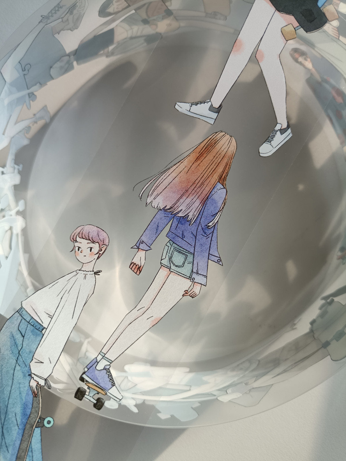 Illustrated girl on a longboard in casual wear