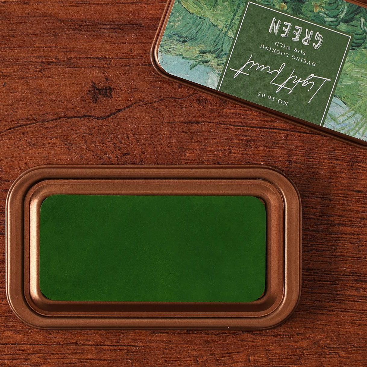 Nature palette cotton ink pad tins with metal cases, rich stamping colors, and vintage label artwork