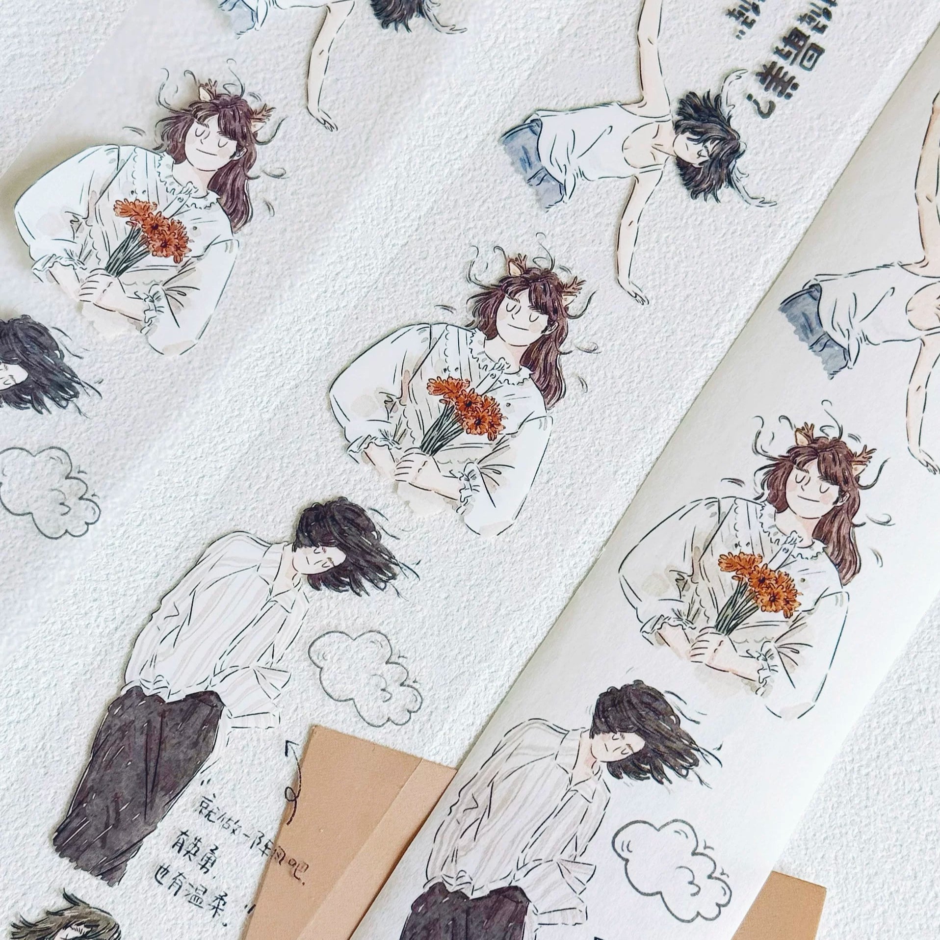 Windy Day PET tape close-up with flowing hair character and floral accent