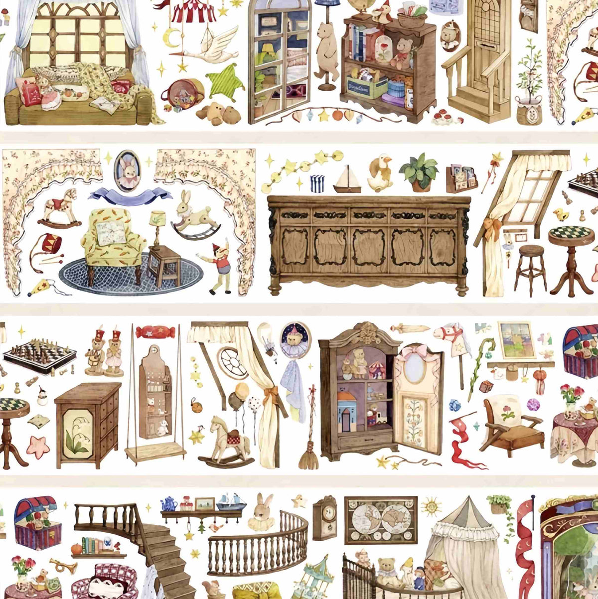 Four strips of vintage toy room tape with furniture, windows and teddy bears