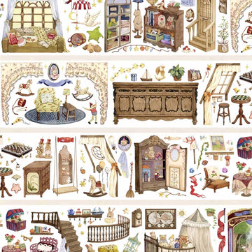 Four strips of vintage toy room tape with furniture, windows and teddy bears