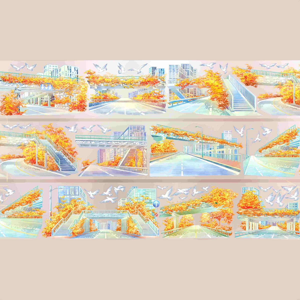 Design from the 10-piece Autumn Town & Garden Collection decorative tape, featuring an autumn townscape motif