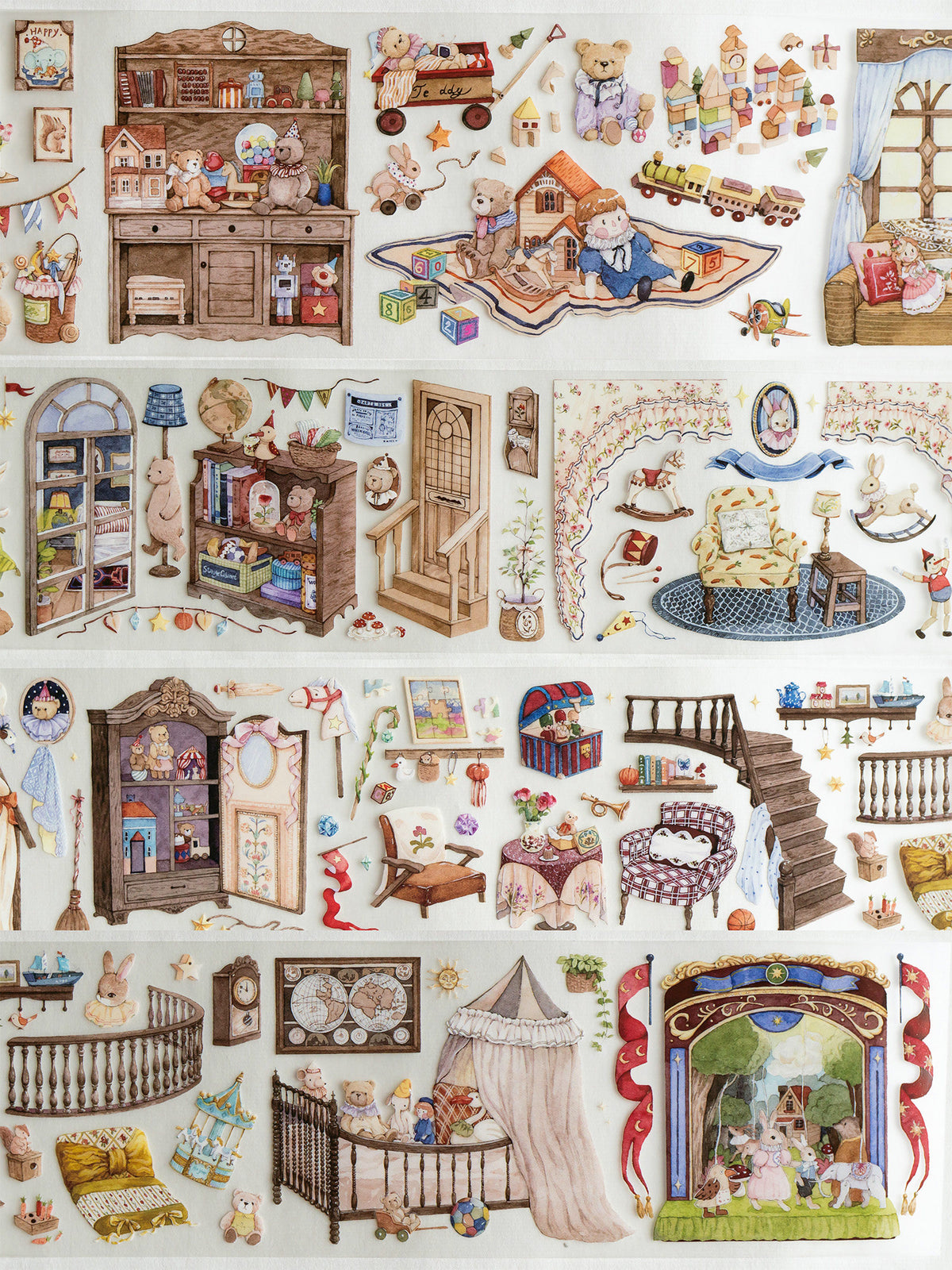 Close-up of cozy playroom tape with cabinets, staircase and canopy bed