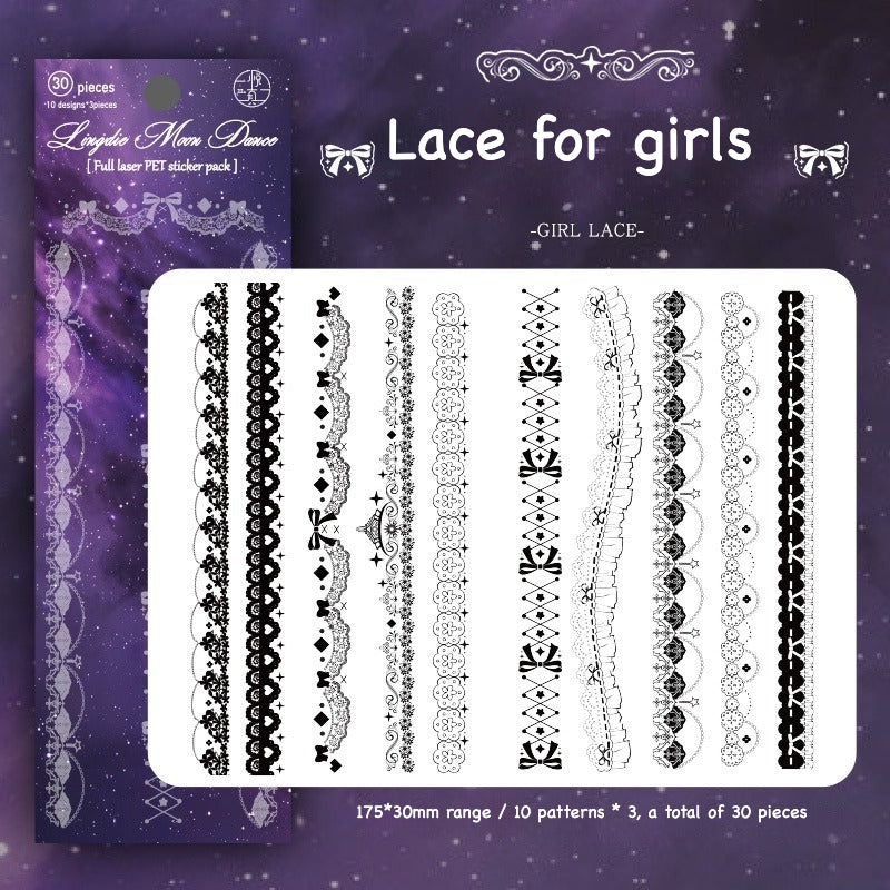 Dark holographic lace border sticker strips with color-shifting glow effect for night aesthetic journaling