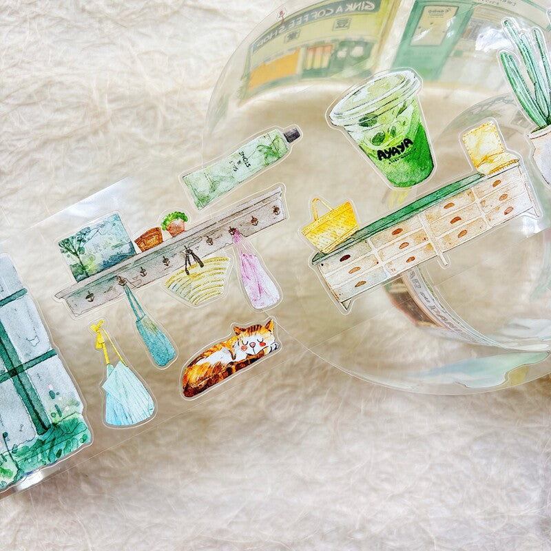 Greenery Home PET Tape with plants and interior decor illustrations
