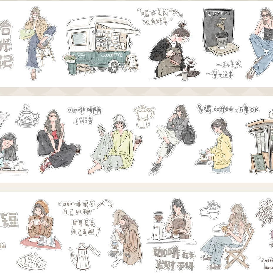 Coffee girl die-cut decorative tape with cafe characters and journaling collage pages