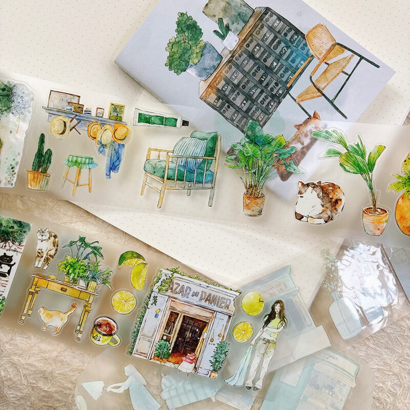Greenery Home PET Tape with plants and interior decor illustrations