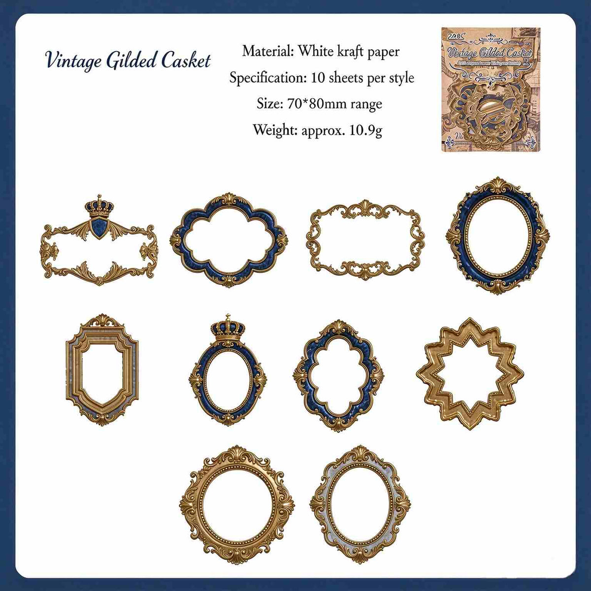 Vintage Gilded Casket style: ten gold and navy ornate frame sticker designs