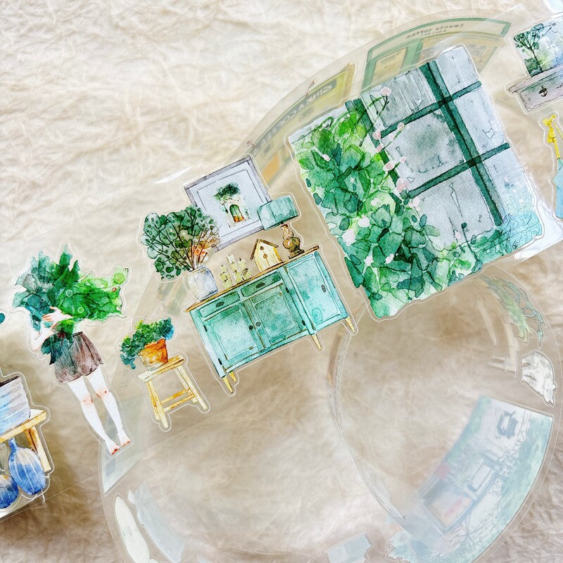 Greenery Home PET Tape with plants and interior decor illustrations