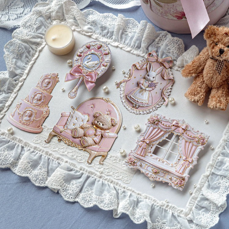 Pastel rococo embossed collage sticker cards with ornate furniture, mirrors, bows, and frame accents - image 7