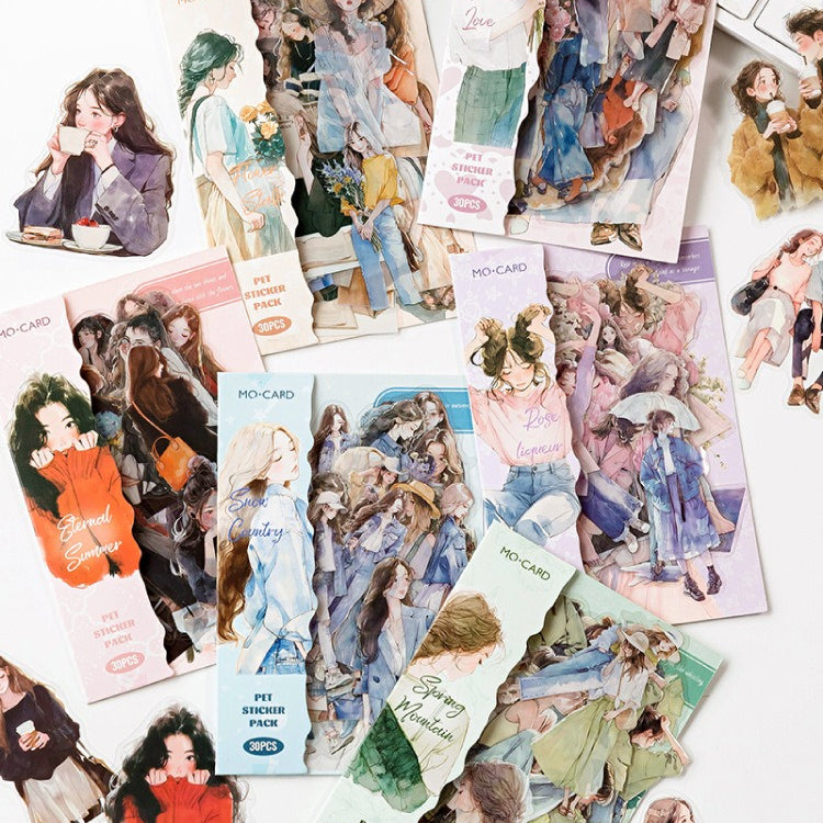 PET sticker pack with Korean fashion character girls, casual outfits, coffee, cakes, flowers, pets, and lifestyle details