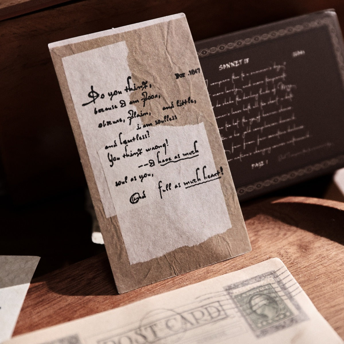 Vintage wooden stamp set with literary text designs