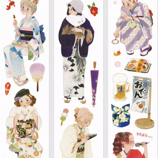 Japanese festival PET tape collection with multiple kimono figures, fans, festival signage