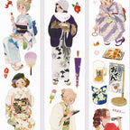 Japanese festival PET tape collection with multiple kimono figures, fans, festival signage