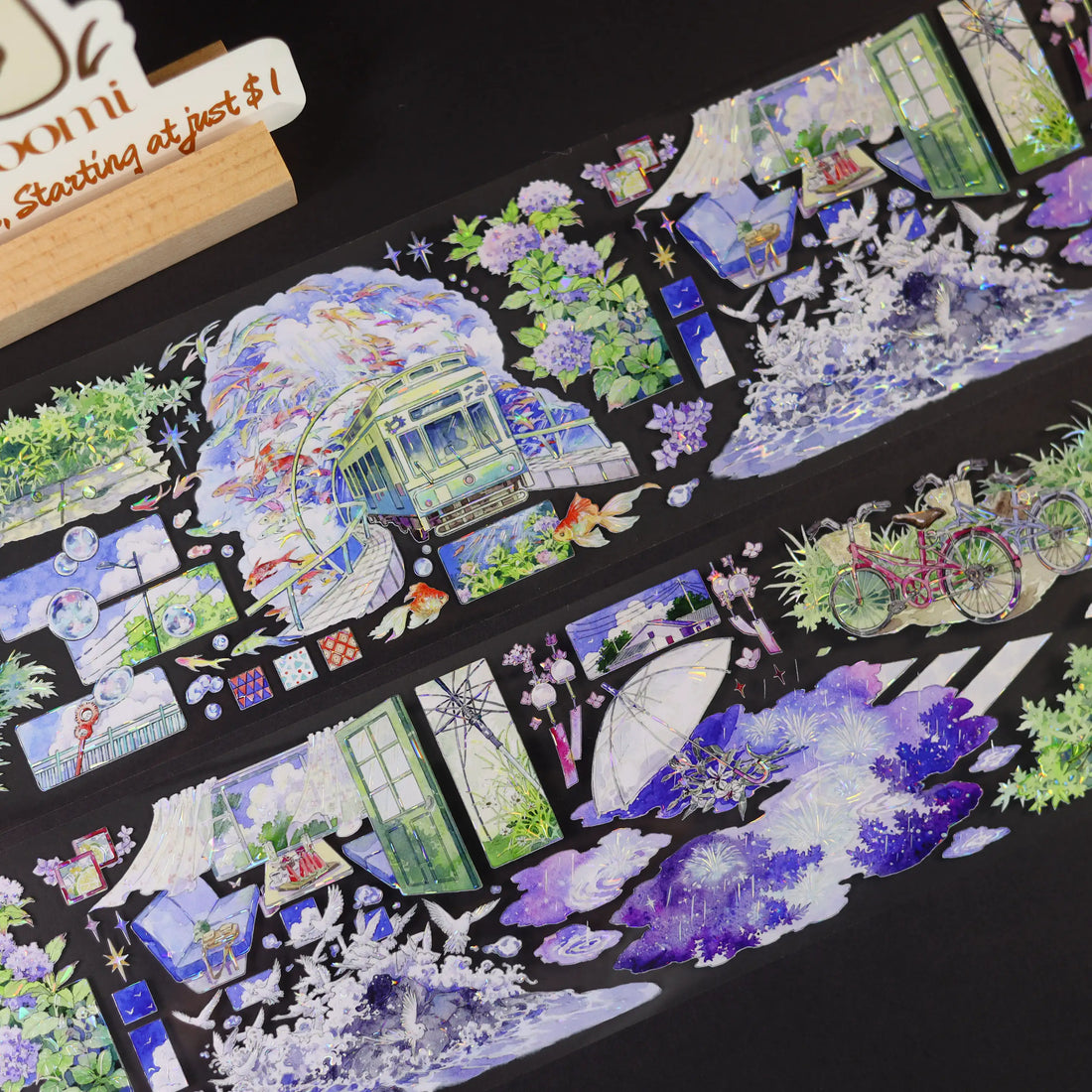 Flower Tram — Shell-Glow PET Tape | Botanical Street Scene
