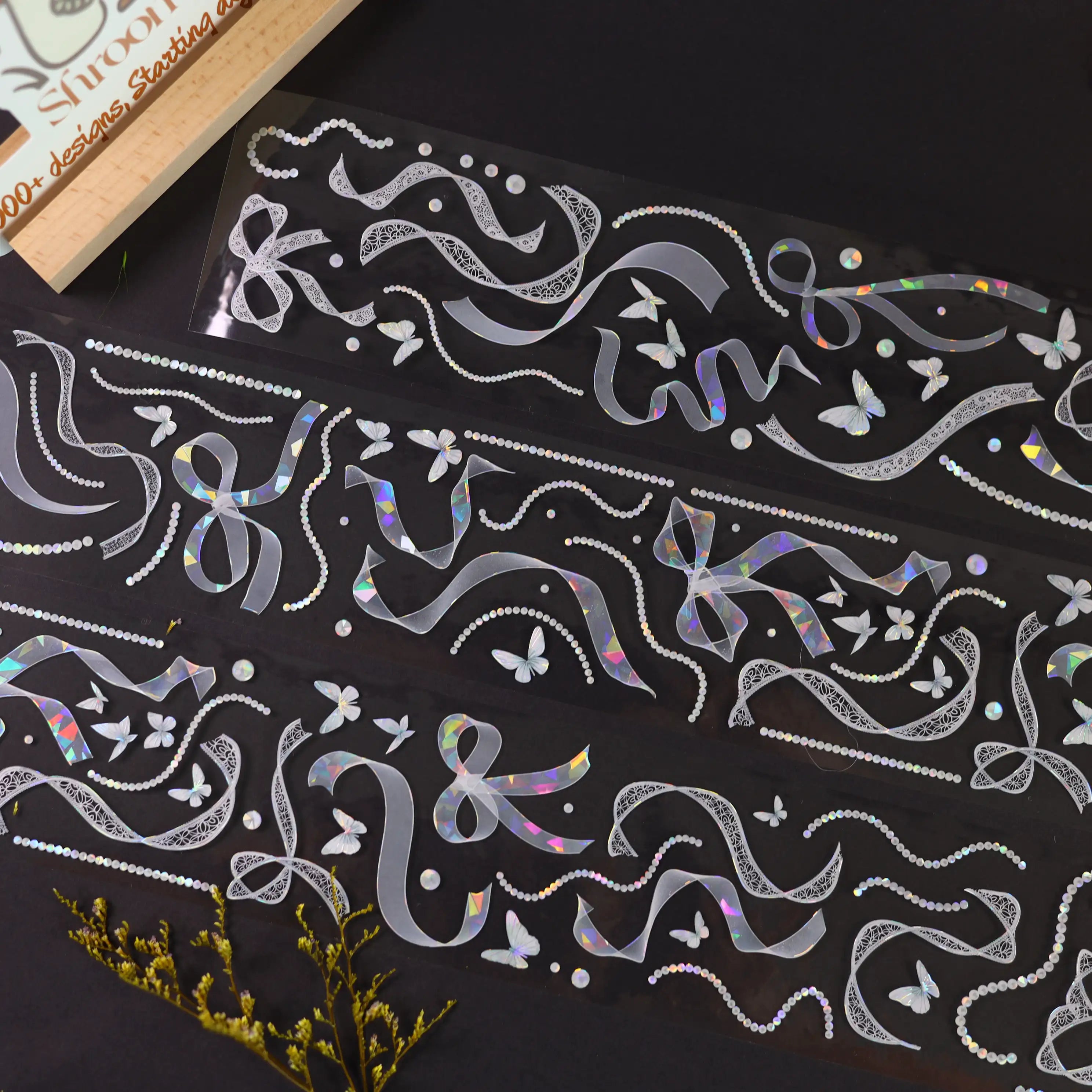 Perlen-Spitze PET Klebeband 6cm×1m | Holografisches Band & Schmetterlings-Akzent