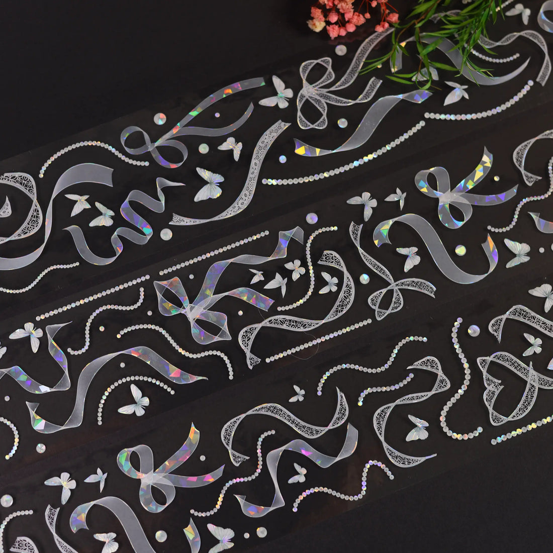 Pearl Lace PET Tape 6cm×1m | Holographic Ribbon & Butterfly Accent
