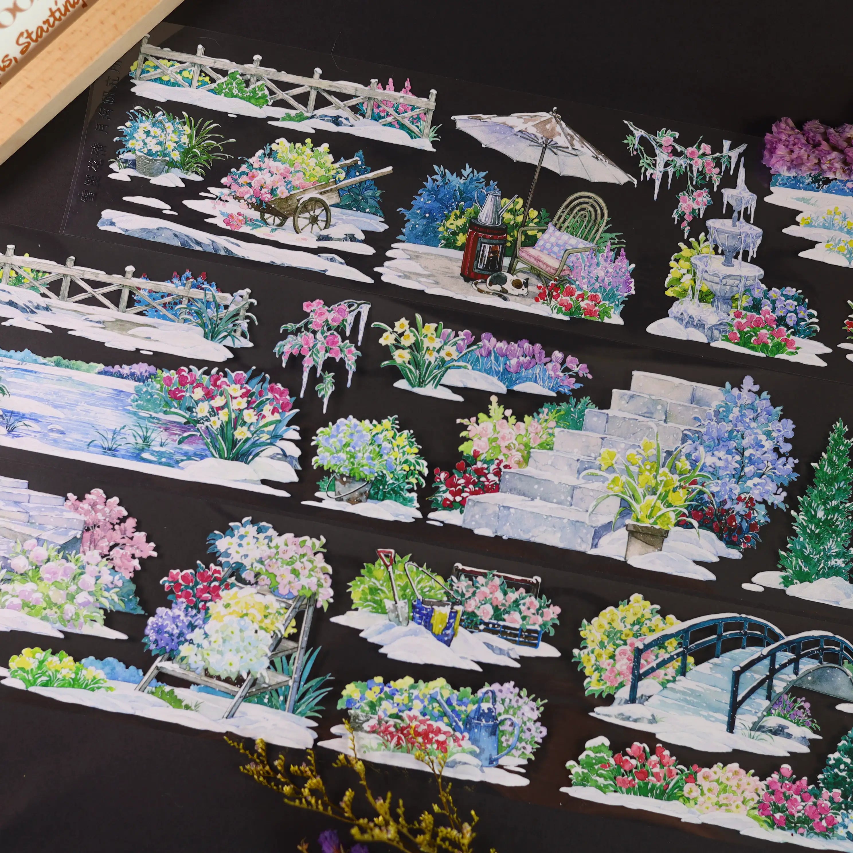 Floraler Garten Schritte PET Band 7cm×2m | Aquarell Botanischer Garten Landschaft