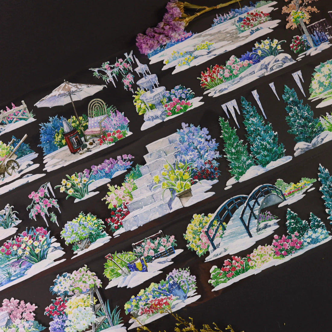 Floral Garden Steps PET Tape 7cm×2m | Watercolor Botanical Garden Scenery