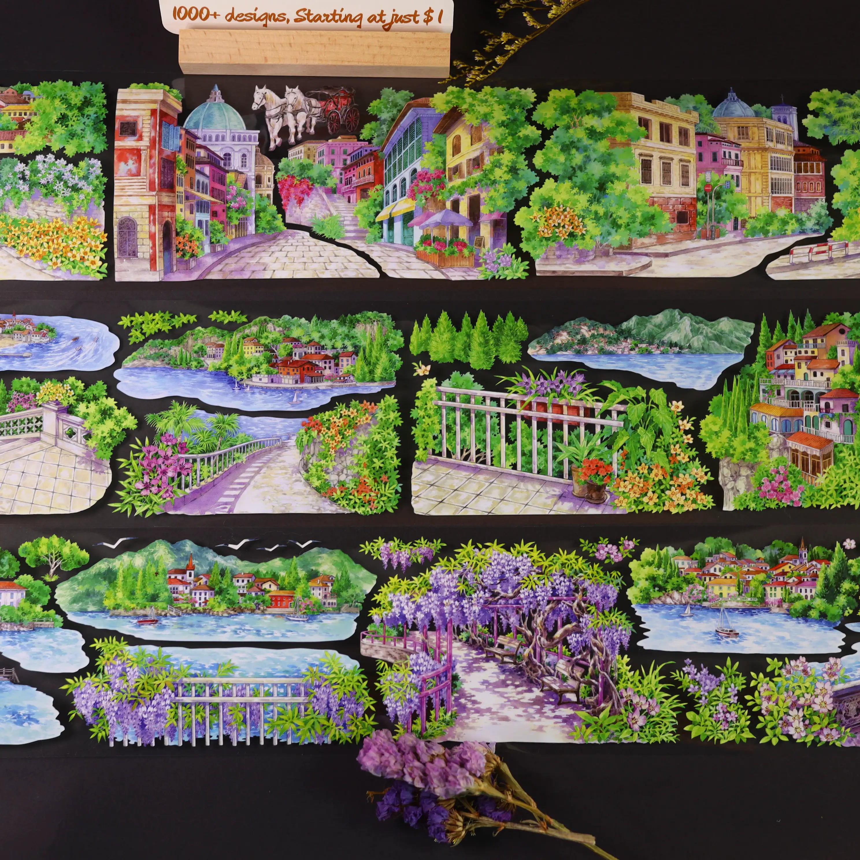 Europäische Stadt am See PET-Band 8,5cm×5m | Aquarell-Glyzinien-Stadtansicht