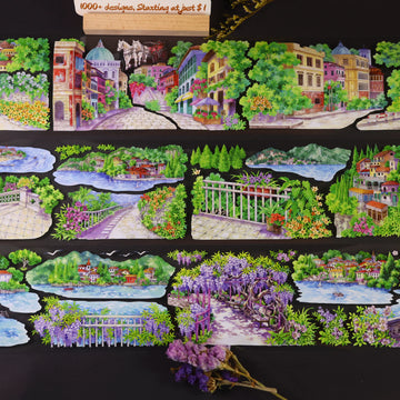 Europäische Stadt am See PET-Band 8,5cm×5m | Aquarell-Glyzinien-Stadtansicht