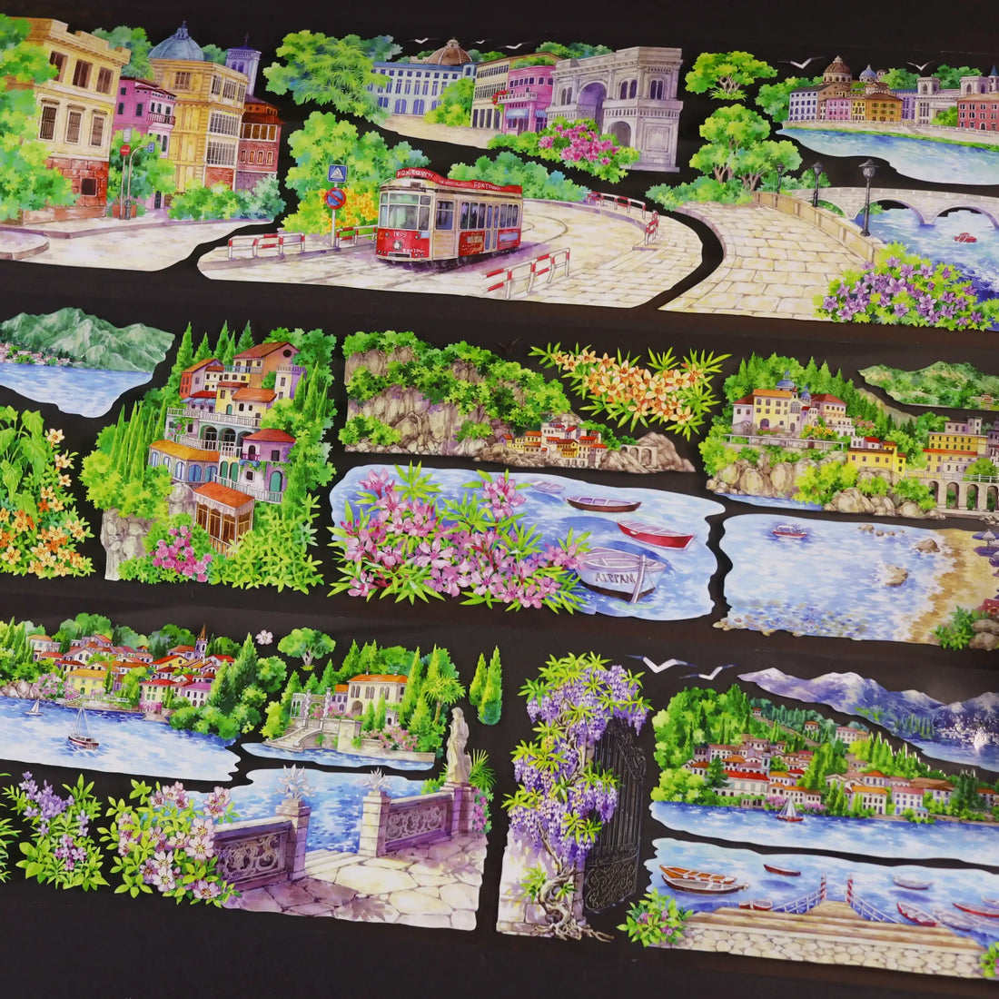 European Lakeside Town PET Tape 8.5cm×5m | Watercolor Wisteria Cityscape