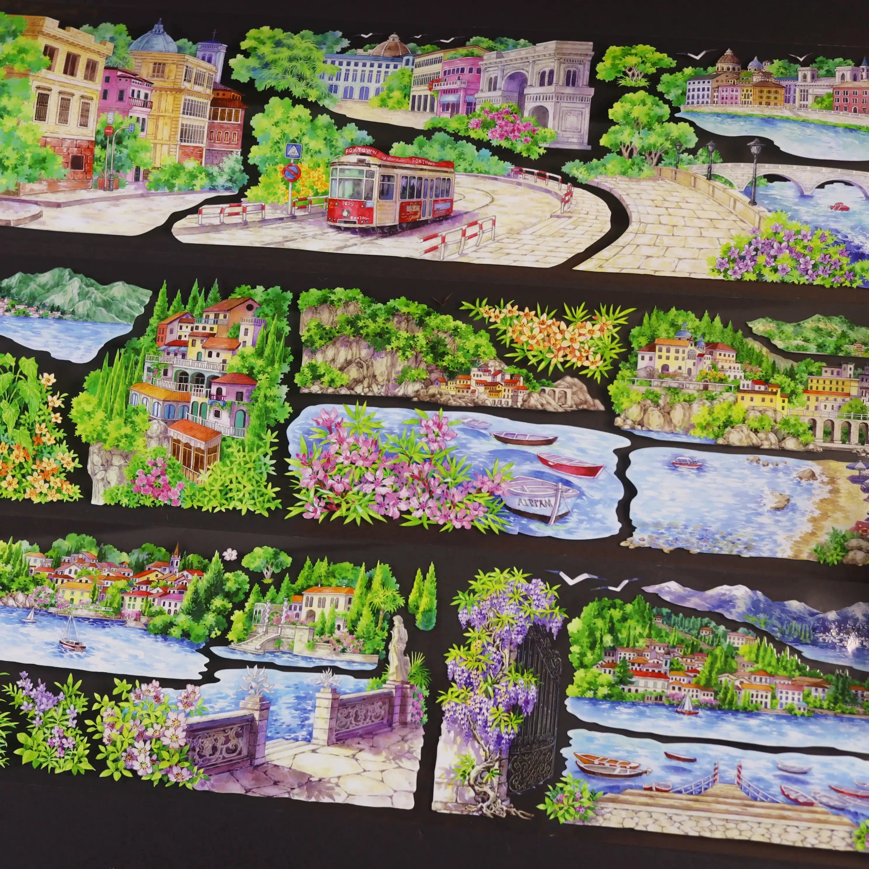 Europäische Stadt am See PET-Band 8,5cm×5m | Aquarell-Glyzinien-Stadtansicht