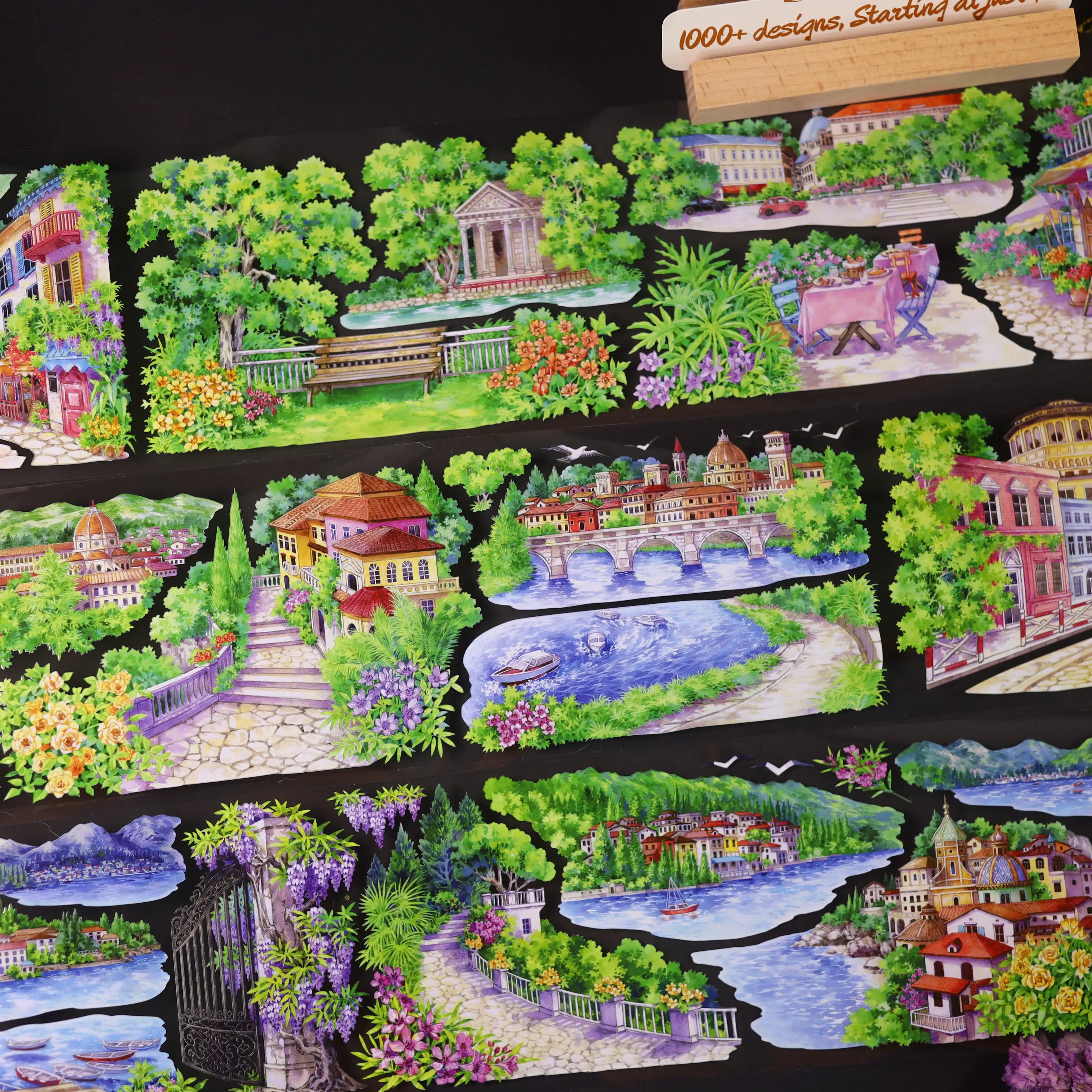 Europäische Stadt am See PET-Band 8,5cm×5m | Aquarell-Glyzinien-Stadtansicht