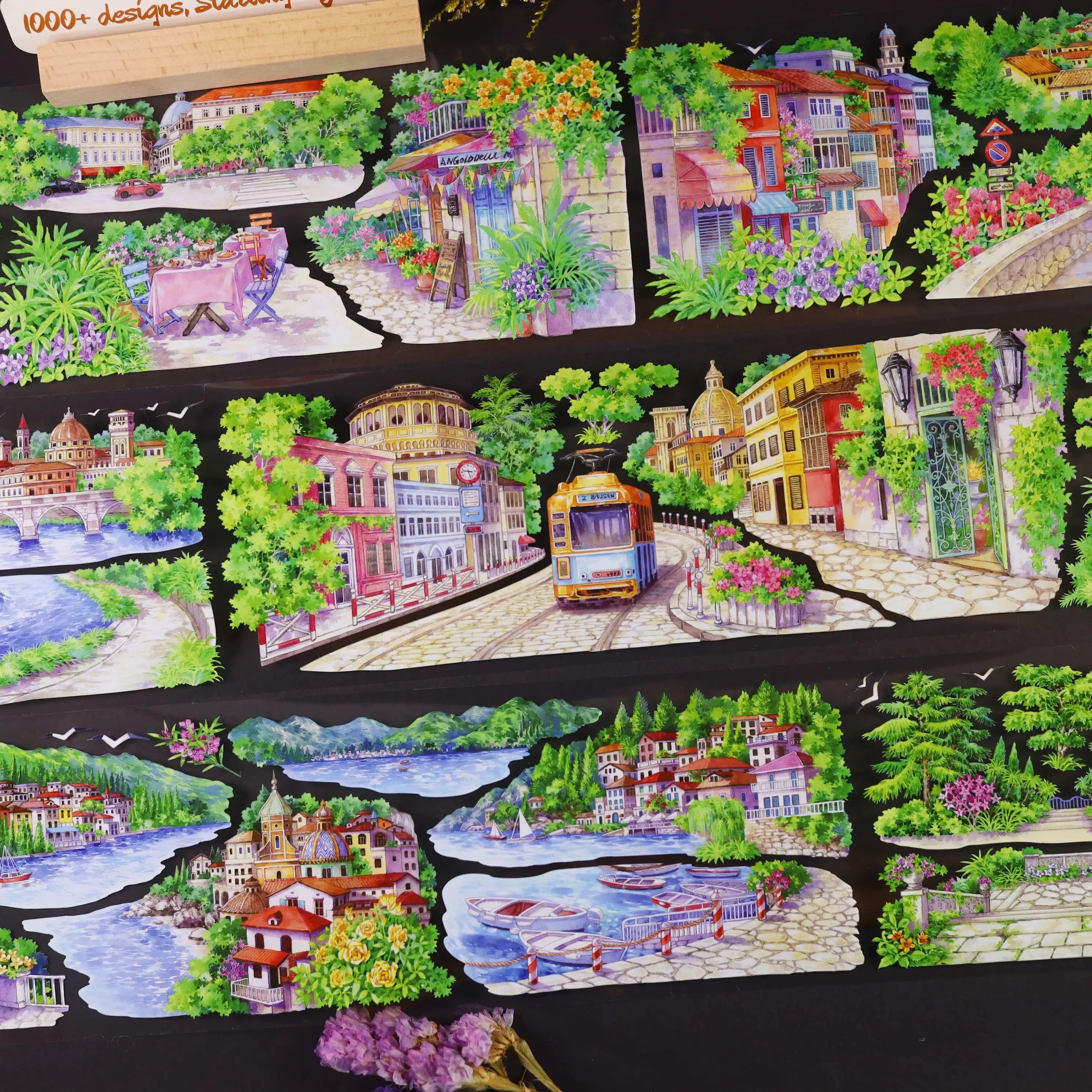 Europäische Stadt am See PET-Band 8,5cm×5m | Aquarell-Glyzinien-Stadtansicht