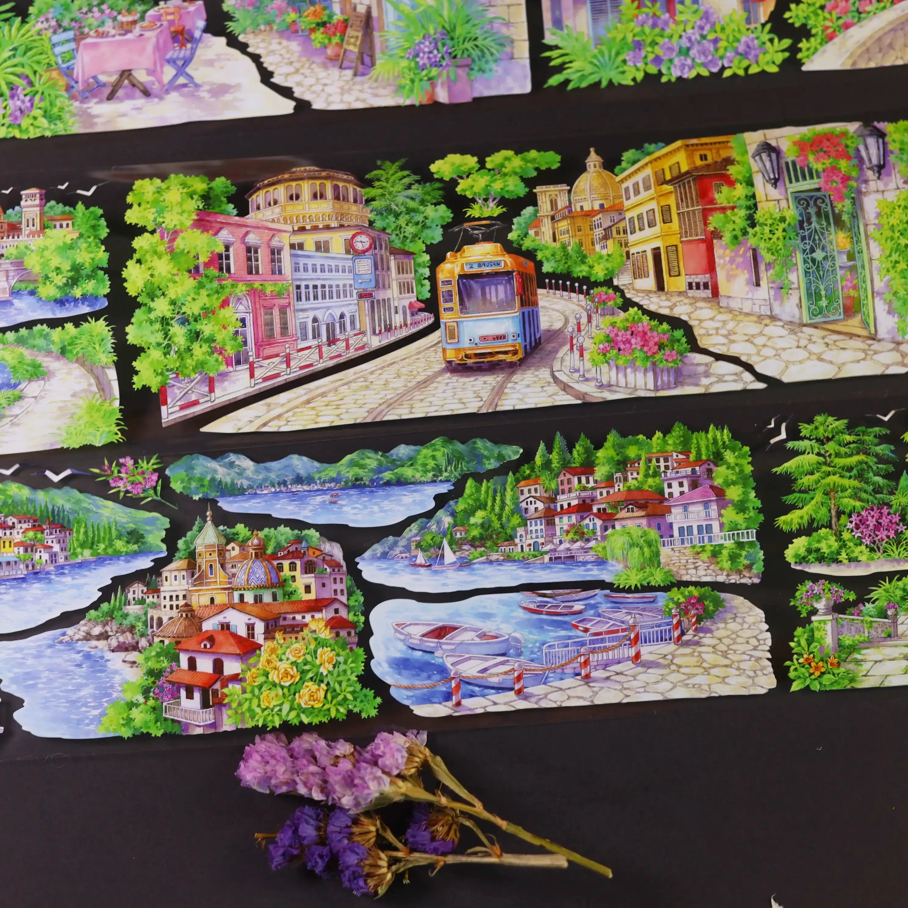 Europäische Stadt am See PET-Band 8,5cm×5m | Aquarell-Glyzinien-Stadtansicht