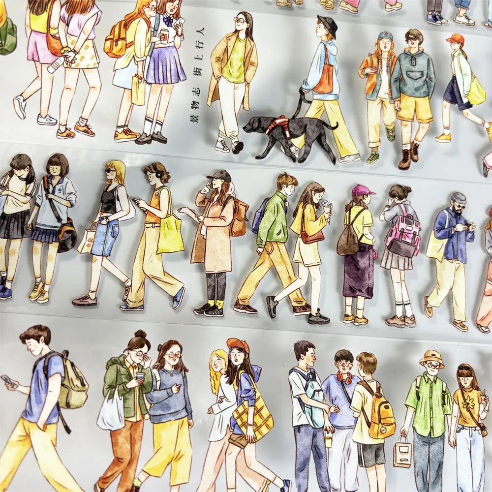 City Walkers PET tape sheet — rows of watercolor illustrated urban pedestrians on transparent base