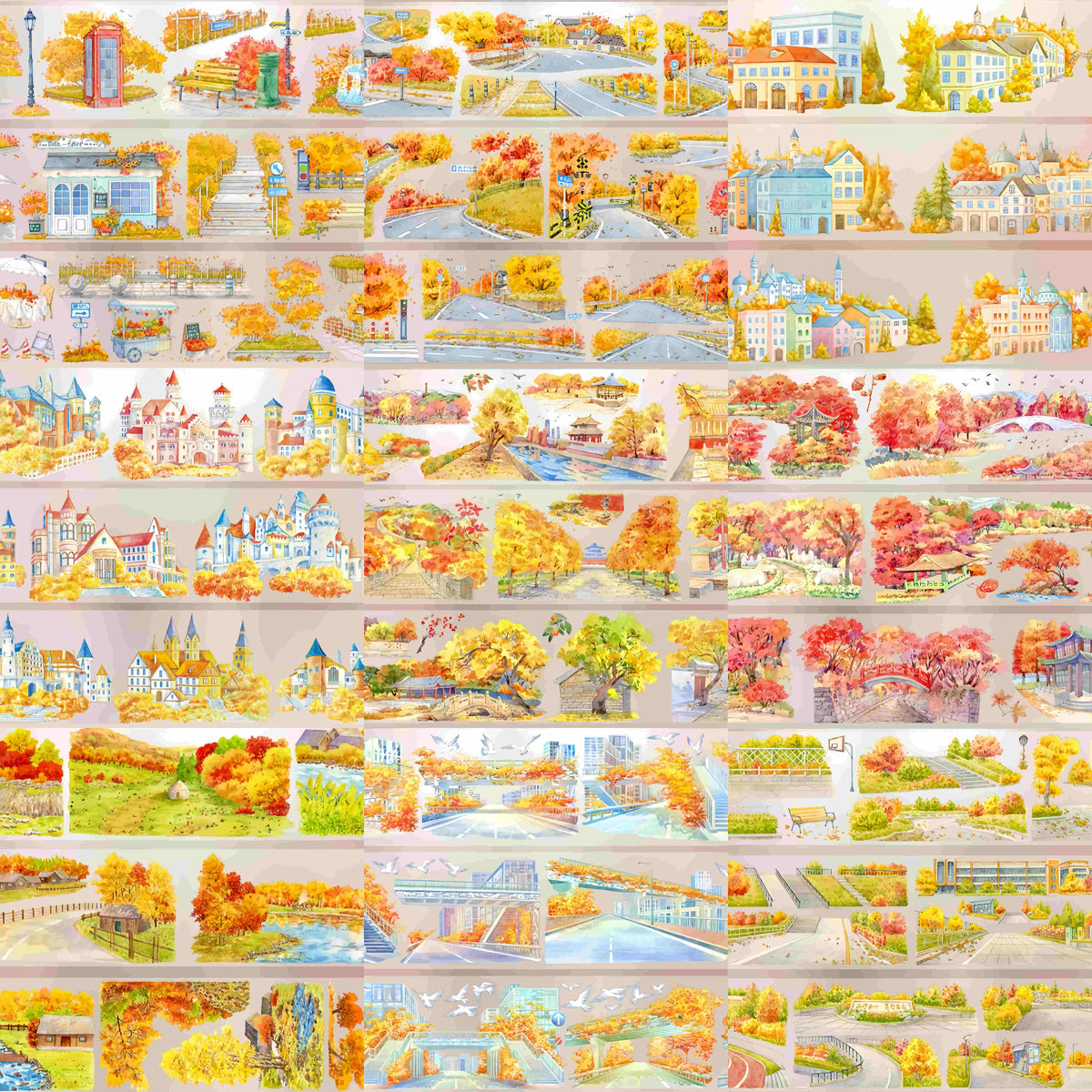 Overview of the Autumn Town & Garden Collection tape featuring European streets, castles, Chinese garden bridges, and riverside park scenes (10 designs, A-J)