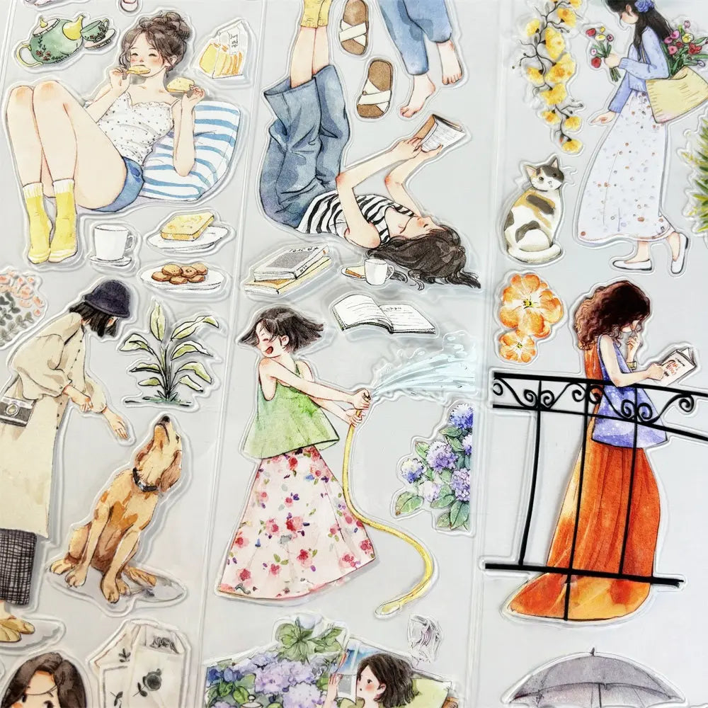 Three Slow Life Girls PET sticker strips — watercolor illustrated girls reading, watering plants, walking dog, carrying flowers