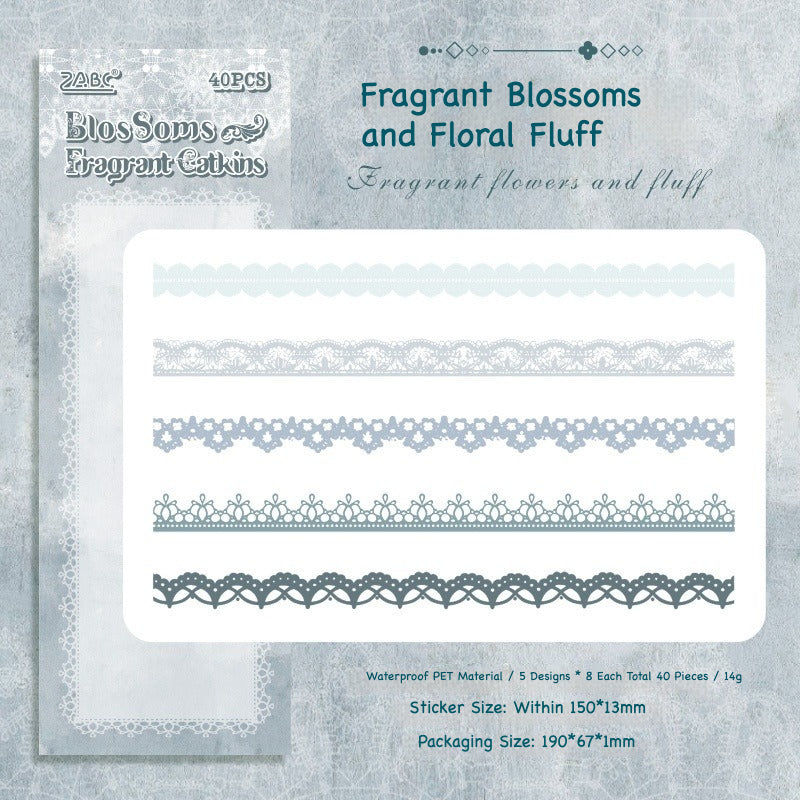 Delicate lace trim sticker strips in white, cream, purple and pink for journaling borders