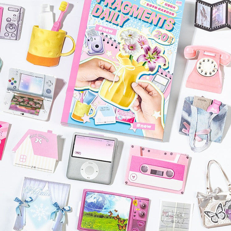 Fragments scrapbook kit with no-cut food pieces, daily notes, photo layouts, memory book cards, and handmade paper scenes