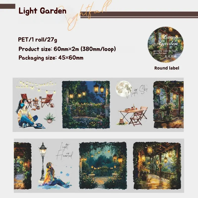Enchanting Nightfall Series PET Tape showcasing serene moonlit scenes and glowing city streets in six unique styles.