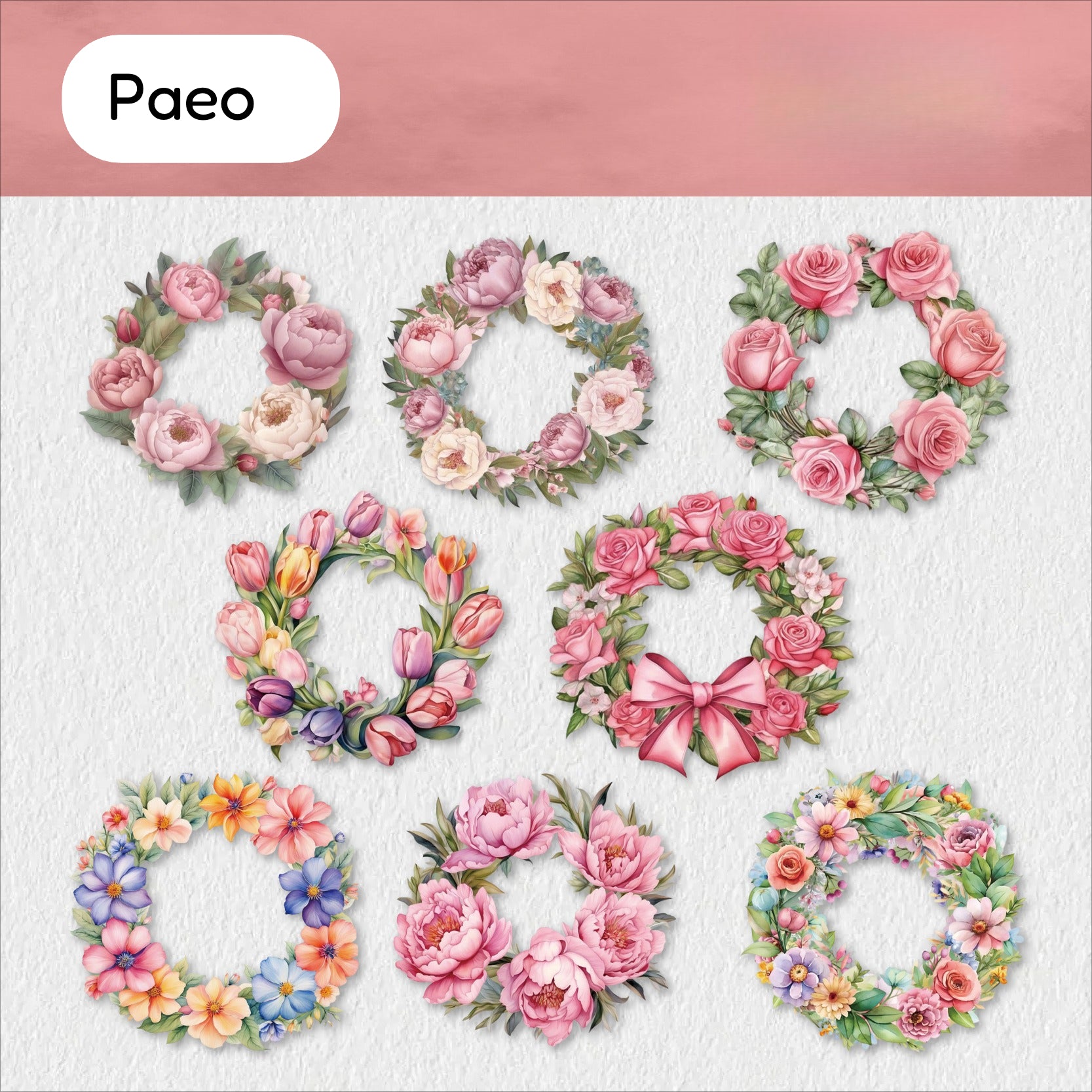 Paeo style floral wreath sticker sheet with pink roses, colorful flowers, and soft botanical wreaths