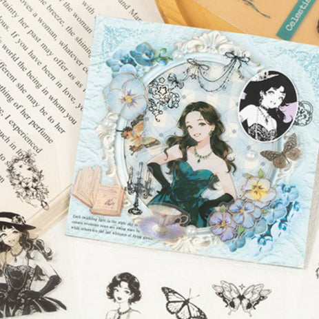 Vintage Girl Portrait PET sticker book with illustrated characters, flowers, cameos, and ribbon accents - image 1