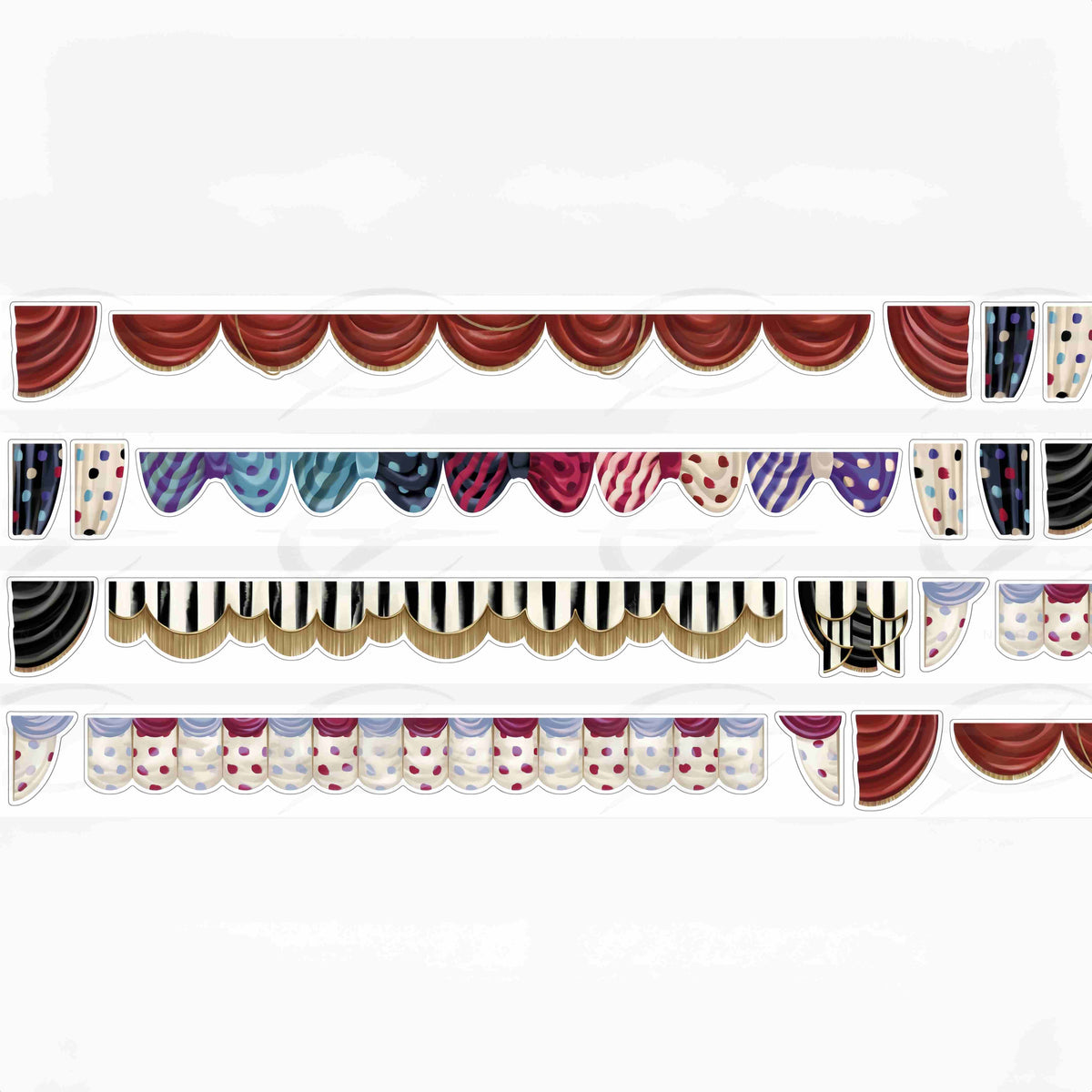 Die-cut curtain tape strips on a white background