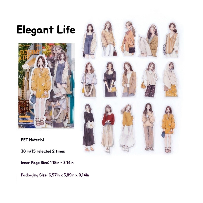 Elegant Life themed watercolor stickers featuring women in diverse fashion for creative journaling by Shroomi.