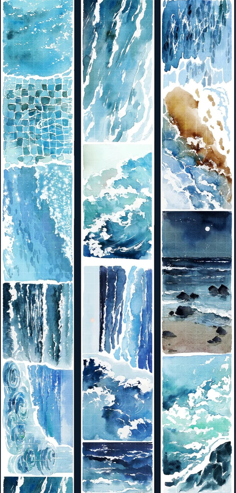 Blue ocean watercolor PET tape with waves, sea foam, and night shoreline panels