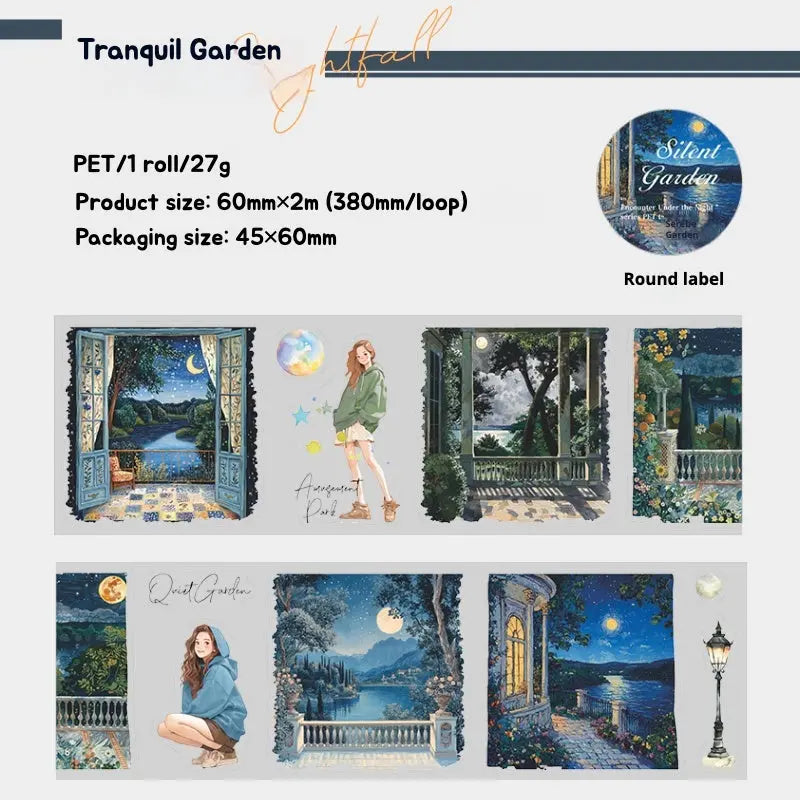 Enchanting Nightfall Series PET Tape showcasing serene moonlit scenes and glowing city streets in 6 unique styles.