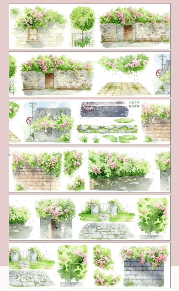 Rose Garden Wall Washi Tape 6cm — watercolor roses climbing stone wall, semi-transparent PET tape roll