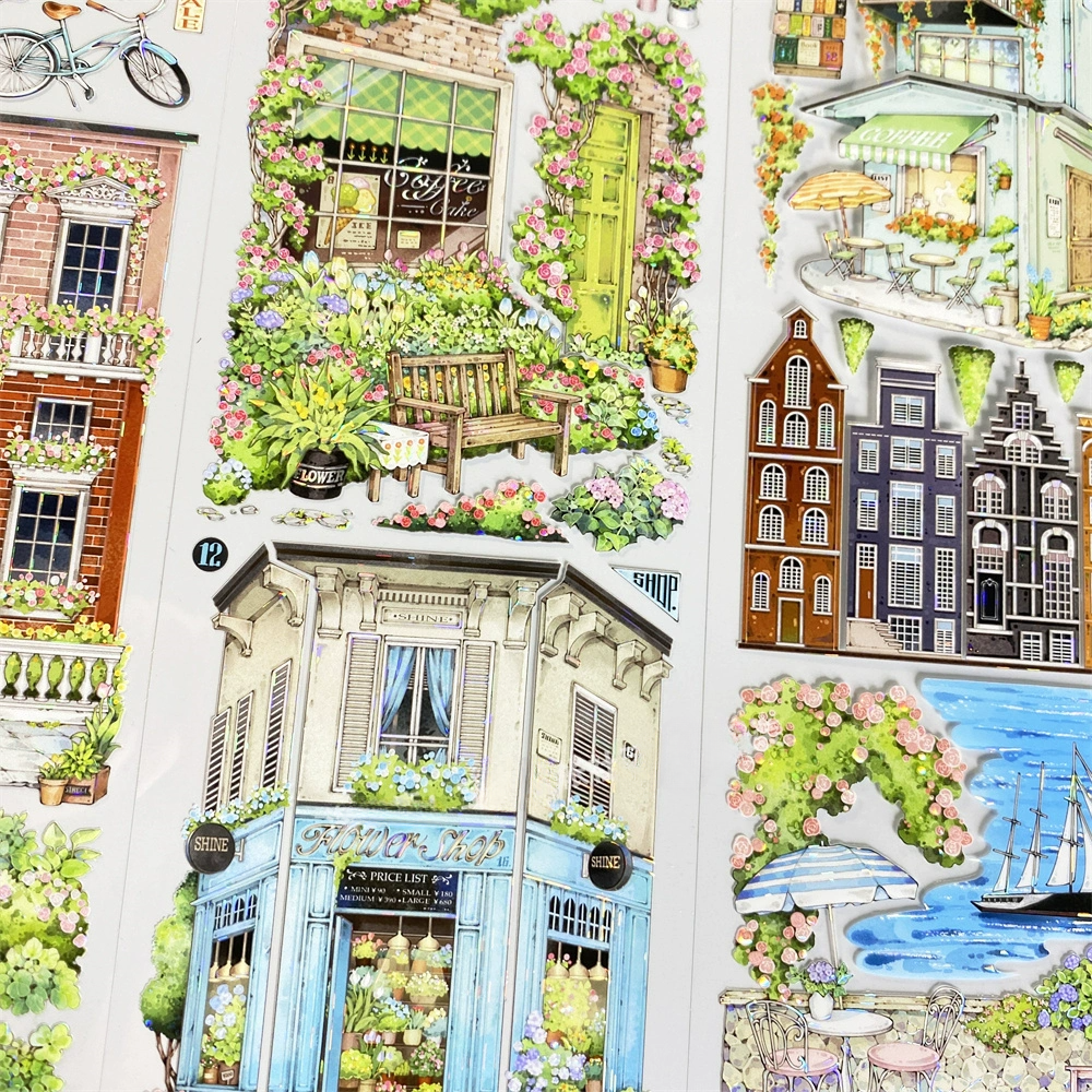 Charming Little Encounter PET Tape showcasing a cozy café street scene with detailed buildings, coffee signs, and greenery.