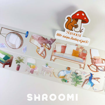 Modern Furniture 2 PET tape strip showing watercolor sofas with colorful cushions, rocking chairs, hanging bubble chair, indoor plants, and a round mirror