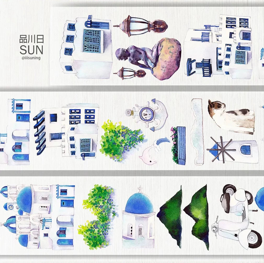 Product packaging with Mediterranean-style architecture illustration and brand name 'SUN'.