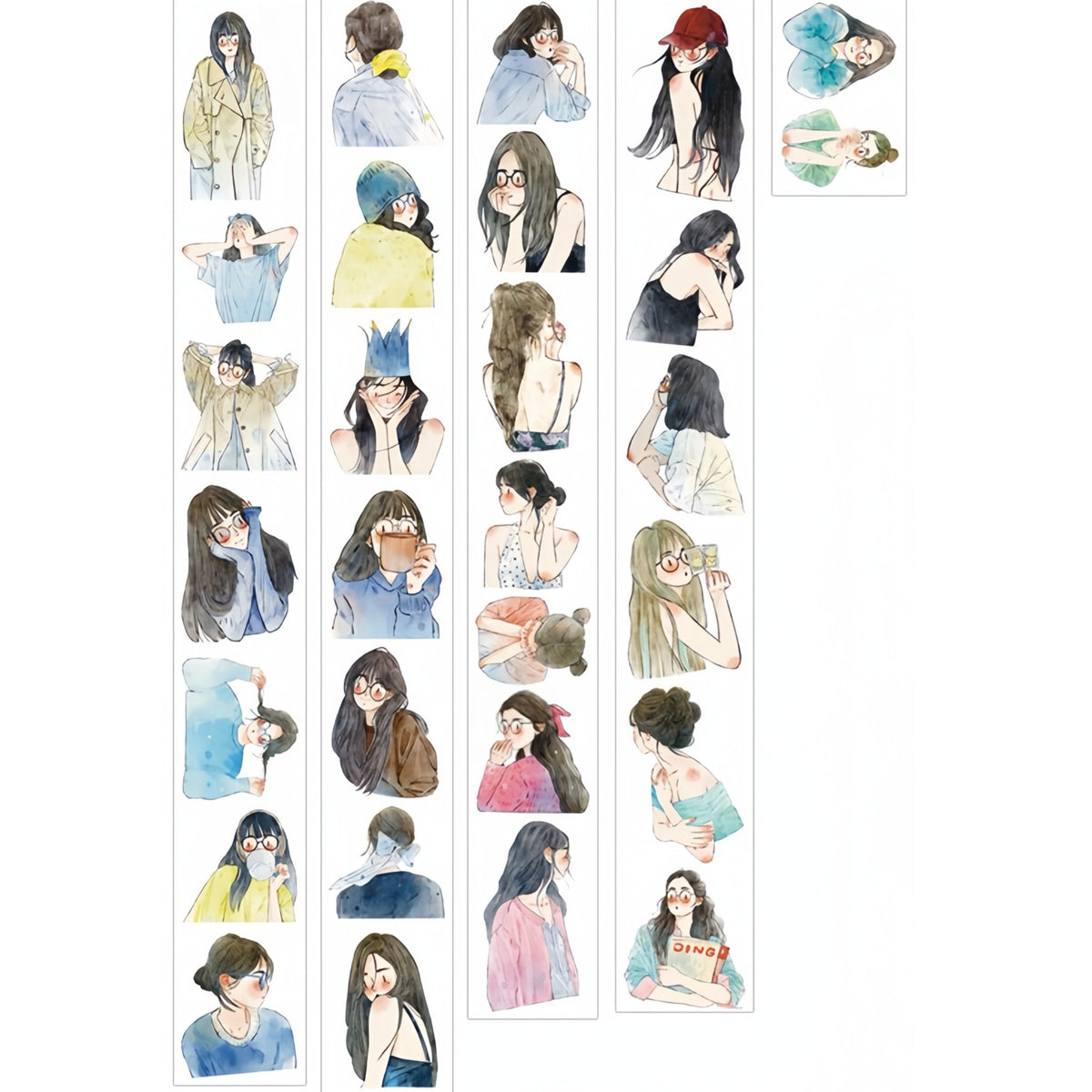 Tape roll and strips featuring watercolor girl portraits